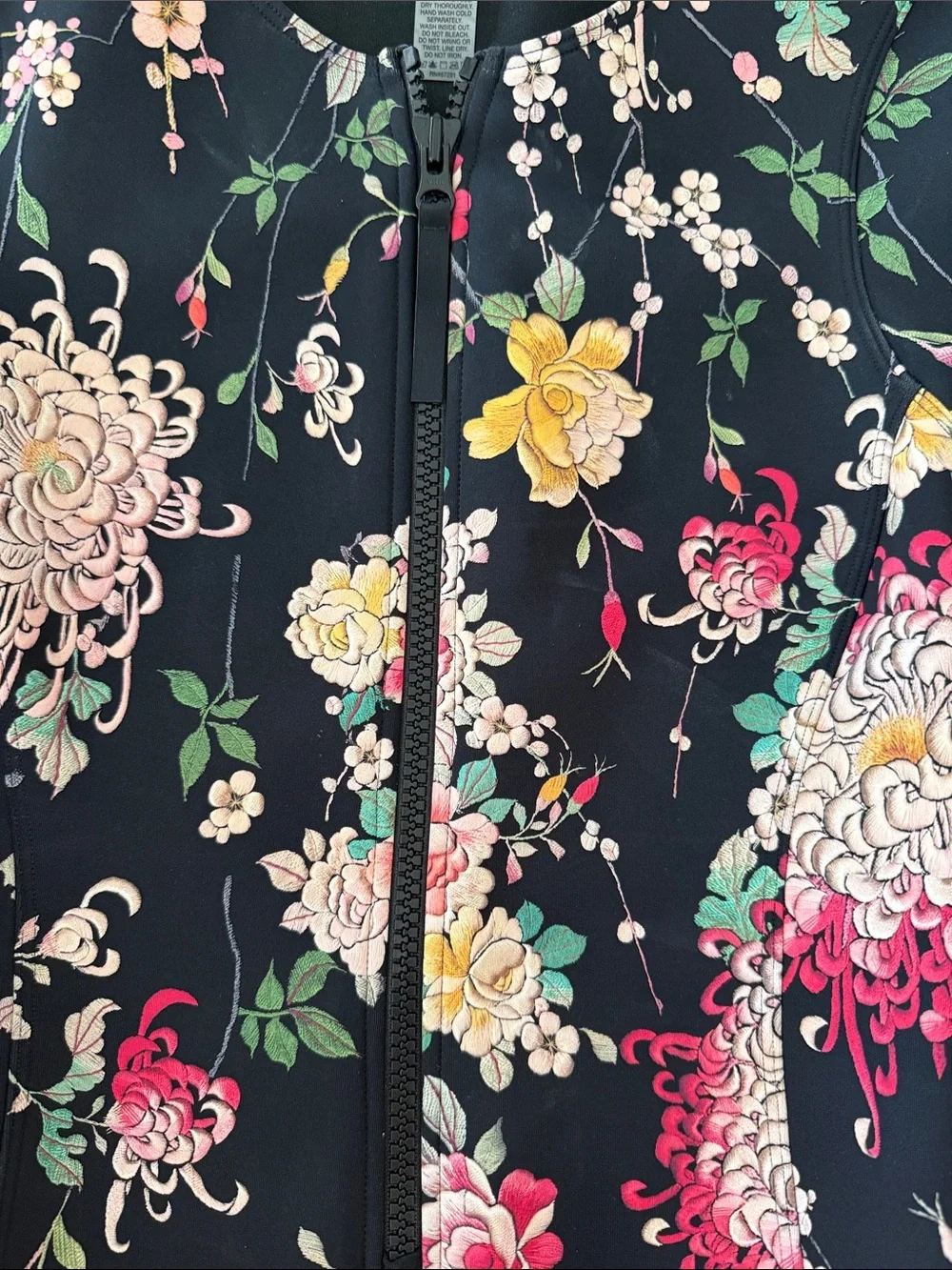 Johnny Was Black Floral Zip-Front neoprene wetsuit  with Pink & Yellow Accents